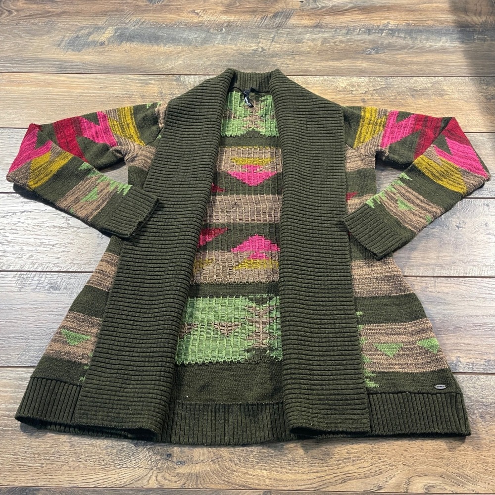 ONeill Womens Southwestern Geometric Shawl Collar Open Front Cardigan Green M